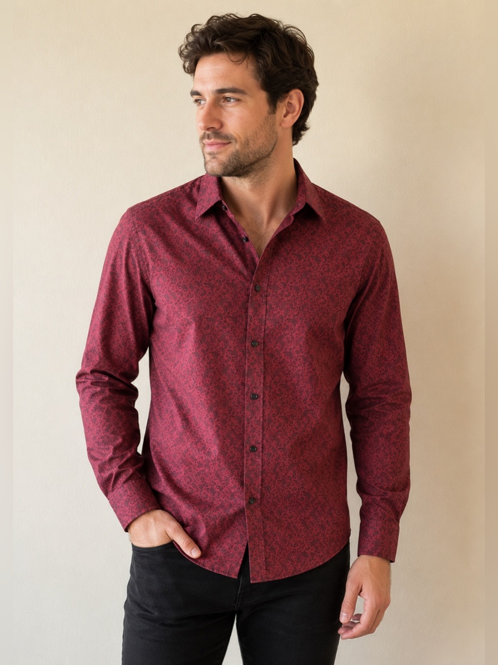 Ben Sherman Men's Burgundy Paisley Button Down Dress Shirt Size Large Preppy